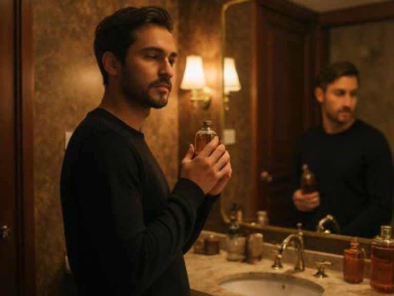 Best colognes for men 2026 — confident man at upscale marble vanity choosing cologne
