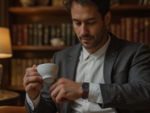 Best men's watches under $500 2026 — confident man in blazer checking watch over espresso in study
