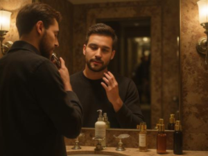 Best grooming essentials for men 2026 — well-groomed man tending beard at upscale marble bathroom vanity