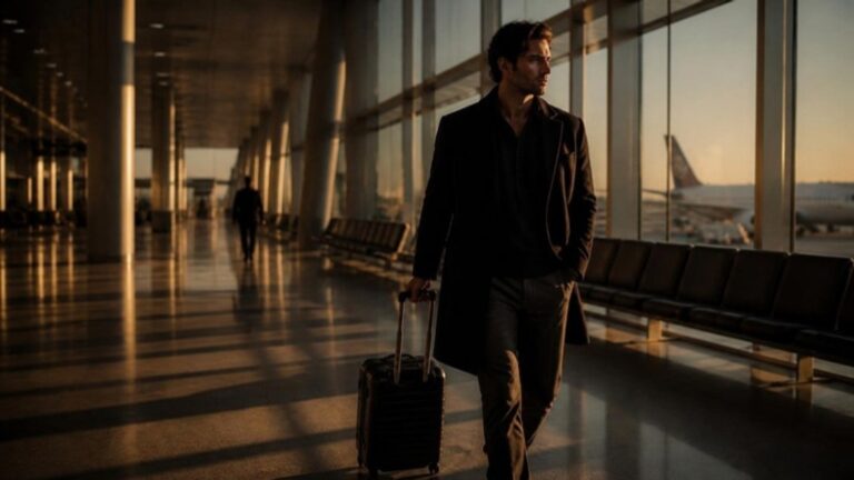 Man pulling a black carry-on suitcase through an airport terminal