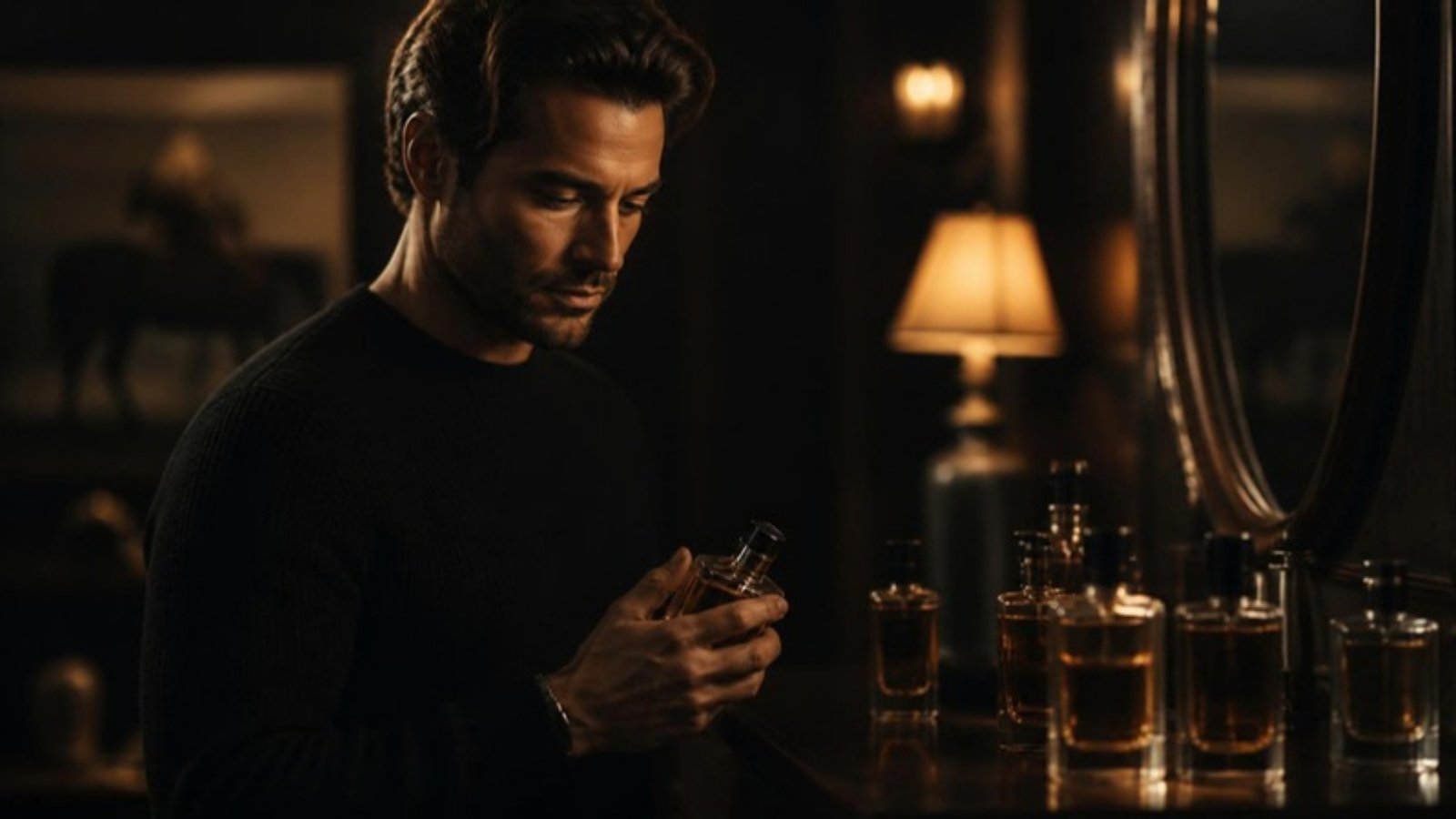 Man holding a cologne bottle at a dark wood dresser