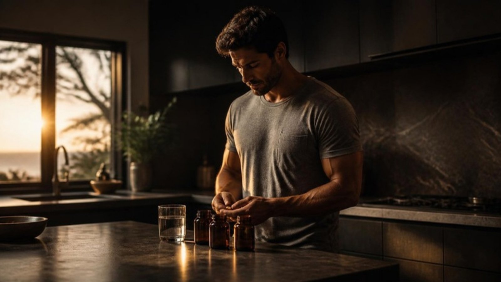Man at a kitchen counter with water and supplements at sunrise
