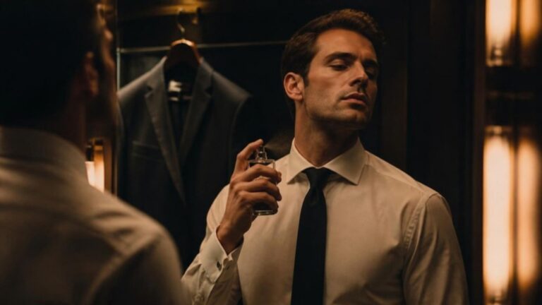 Man in a shirt and tie spraying cologne in a dressing room