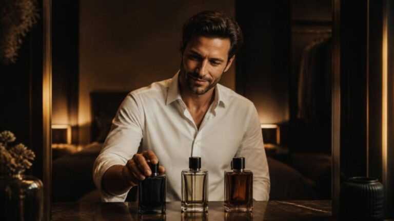 Man in a white shirt choosing between three cologne bottles