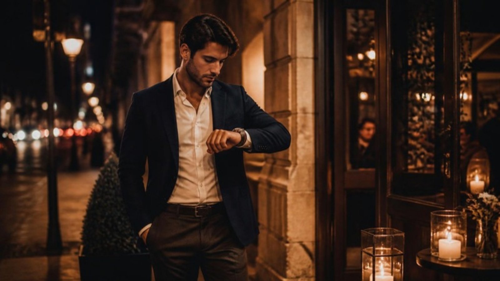 Man in a navy blazer checking his watch outside a restaurant at night