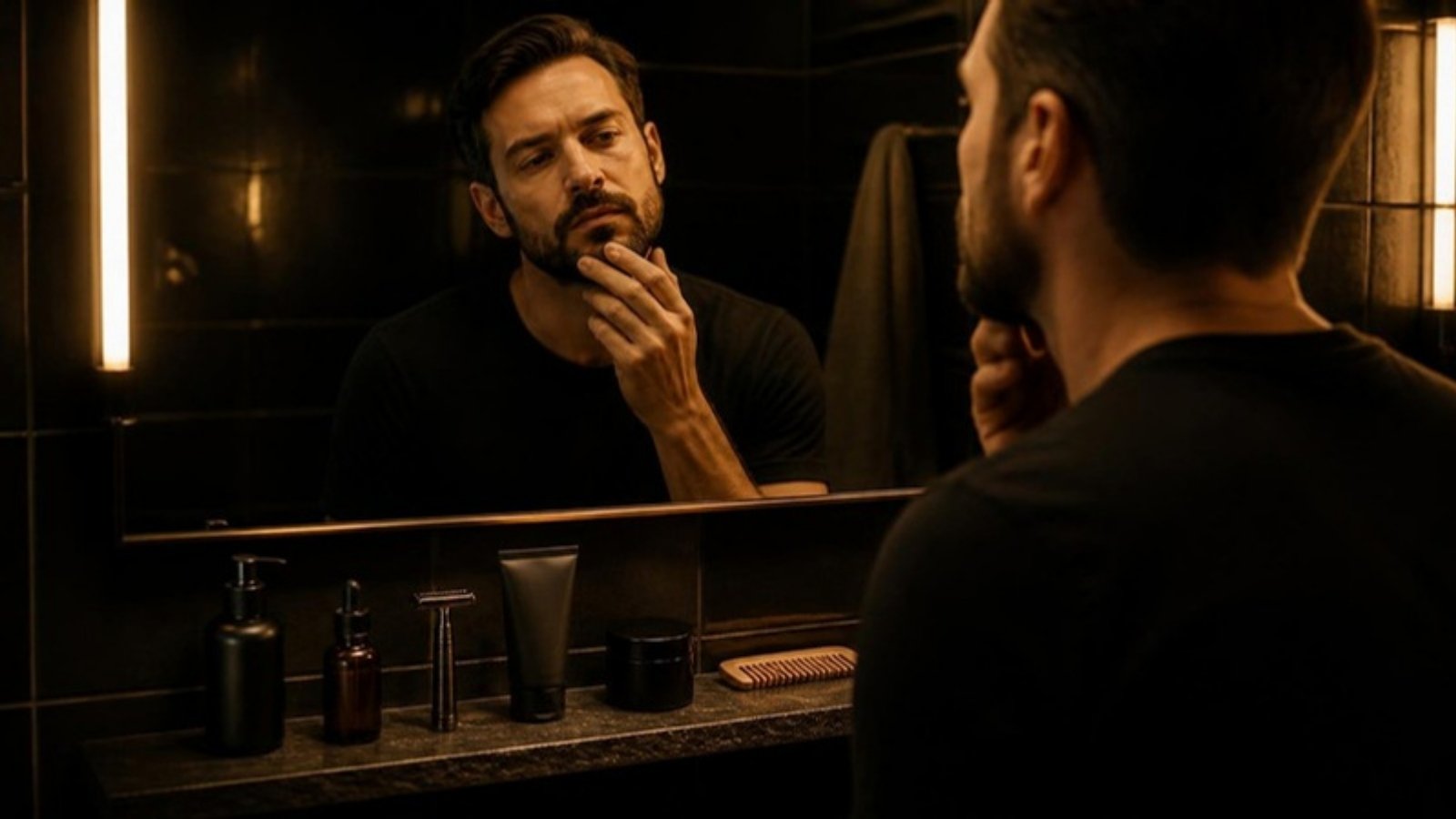 Man checking his beard in a mirror with grooming products