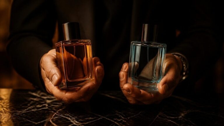 Hands holding two cologne bottles side by side