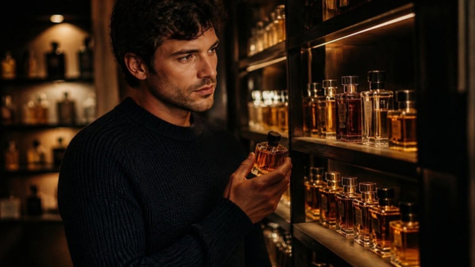 Man browsing a warmly lit niche perfume boutique