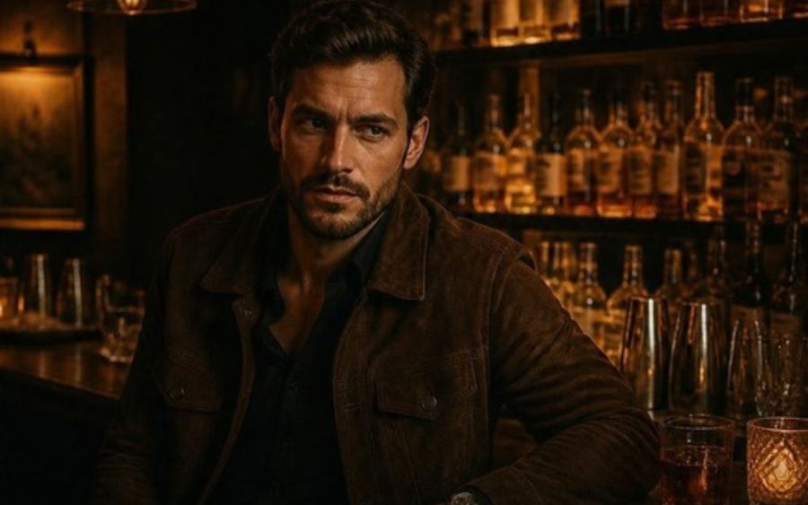 Man in a suede jacket at a dim whiskey bar