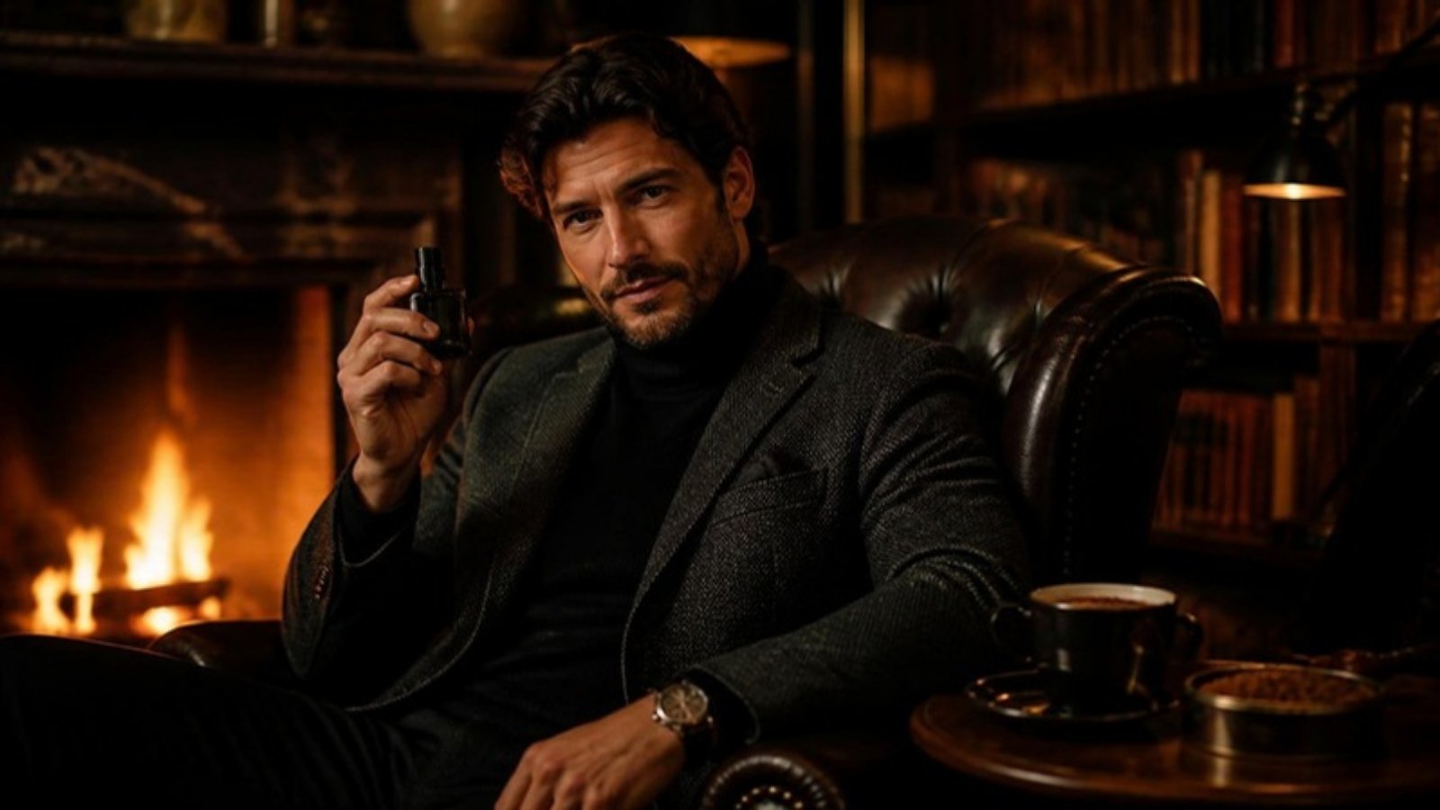 Man holding a cologne bottle in a firelit library