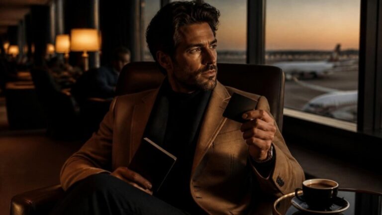 Man in an airport lounge holding a passport and card